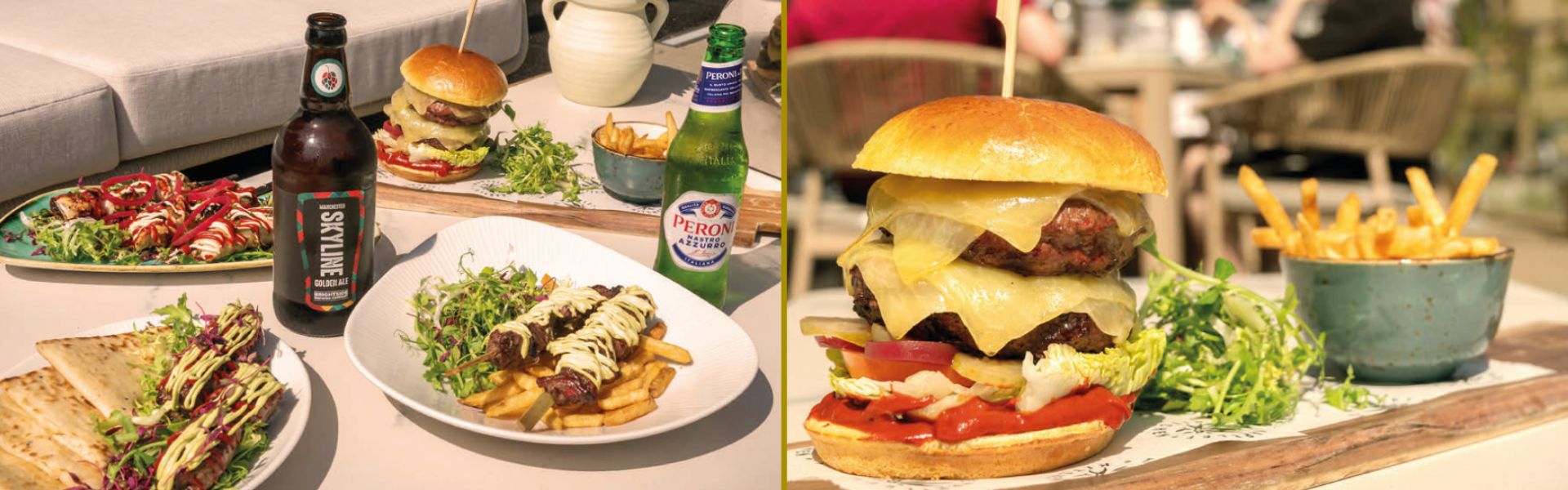 Selection of food from The Martlet Kitchen, including a cheeseburger and chips, grilled dishes and bottled drinks served outdoors.
