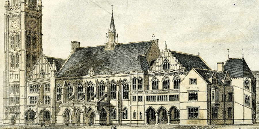 Illustration of Rochdale Town Hall showing the original clock tower.