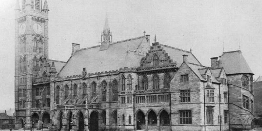 Photograph of Rochdale Town Hall with its original clock tower.