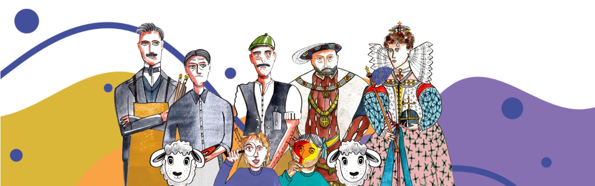 Illustrated collage of historical and creative figures alongside sheep, with colourful abstract patterns in the background
