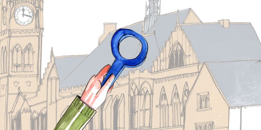 Watercolor illustration of a hand in a green sleeve holding a blue magnifying glass.