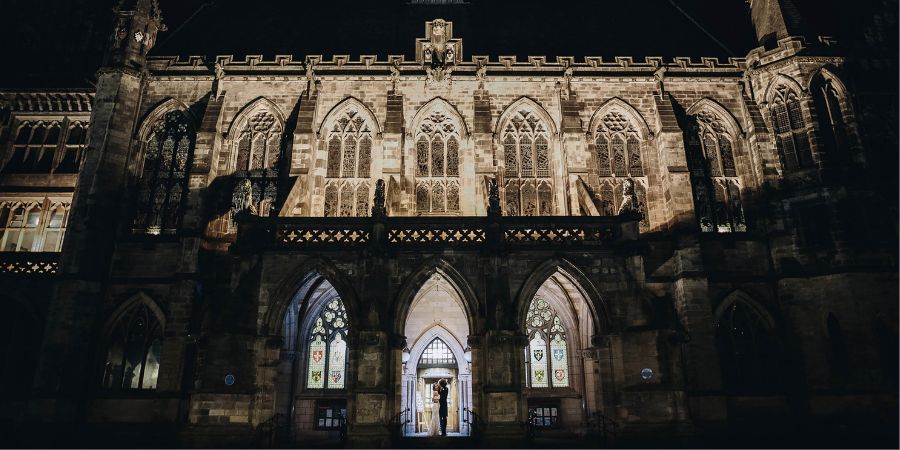 A twilight wedding at Rochdale Town Hall.