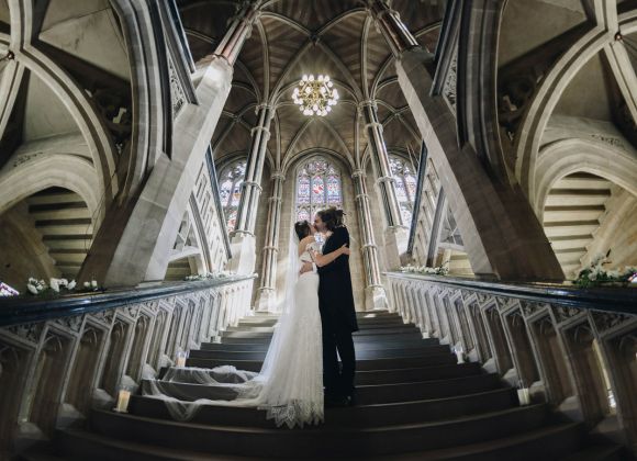 A couple on their wedding day at Rochdale Town Hall.