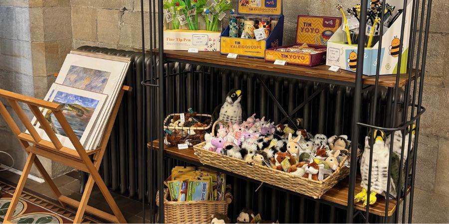 A selection of toys on metal and wooden shelves.
